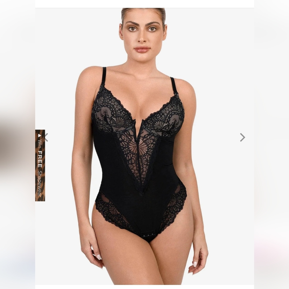 Popilush Shapewear Lace Deep V Sculpting Thong Bodysuit
